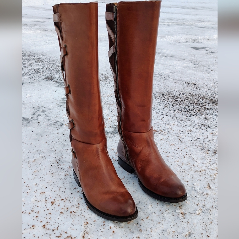 Frye Jordan Leather And Suede Cross Strap Riding Boots - Picture 13 of 16